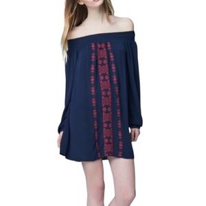 Aeropostale Embroidered Blue & Red Boho Off-The-Shoulder Hippie Dress Size S